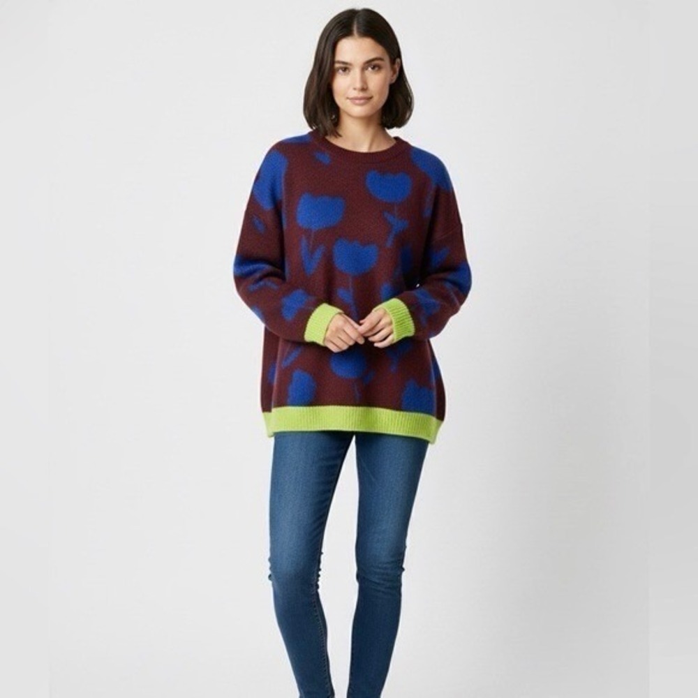 SCOTCH & SODA‎ Crewneck Tulip Intarsia Pullover Sweater Burgundy Blue Large